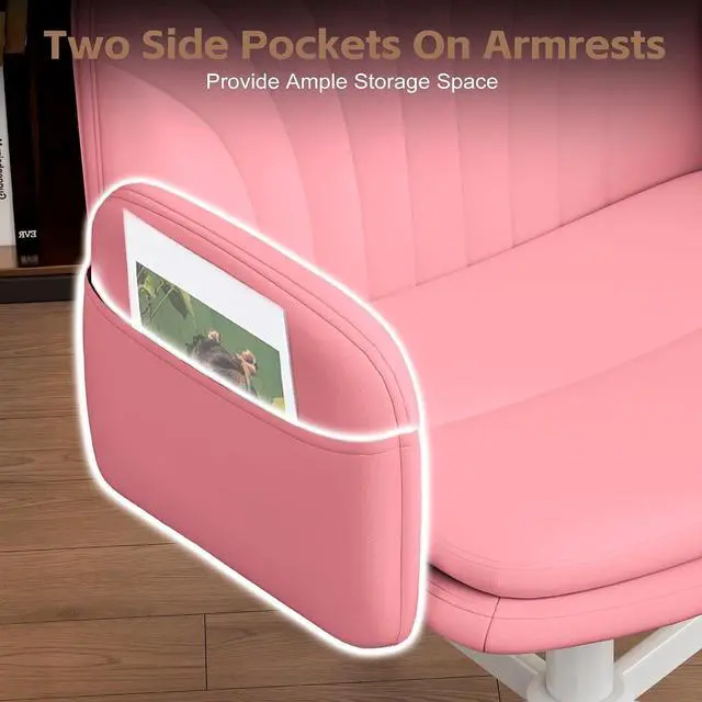 Alt view image 7 of 7 - Criss Cross Office Chair with Wheels & Armrests, Height Adjustable Vanity Chair, Makeup Chairs with Side Pockets Design, Comfortable Computer Desk Chairs for Home (PU Leather,Pink)