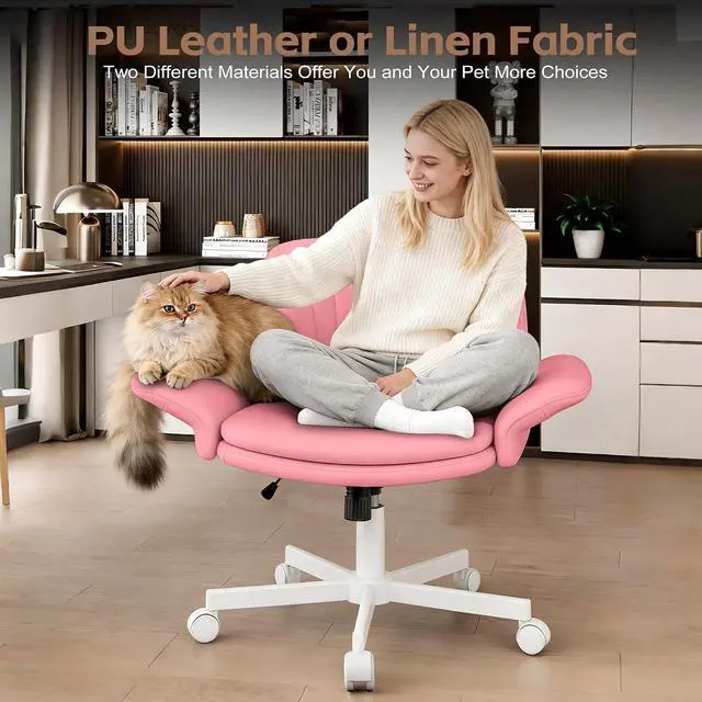 Alt view image 6 of 7 - Criss Cross Office Chair with Wheels & Armrests, Height Adjustable Vanity Chair, Makeup Chairs with Side Pockets Design, Comfortable Computer Desk Chairs for Home (PU Leather,Pink)