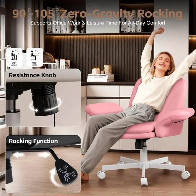 Alt view image 5 of 7 - Criss Cross Office Chair with Wheels & Armrests, Height Adjustable Vanity Chair, Makeup Chairs with Side Pockets Design, Comfortable Computer Desk Chairs for Home (PU Leather,Pink)