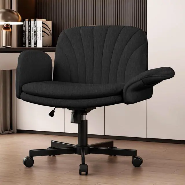 Main image of Criss Cross Office Chair with Wheels & Armrests, Height Adjustable Vanity Chair, Makeup Chairs with Side Pockets Design, Comfortable Computer Desk Chairs for Home (Linen Fabric,Black)