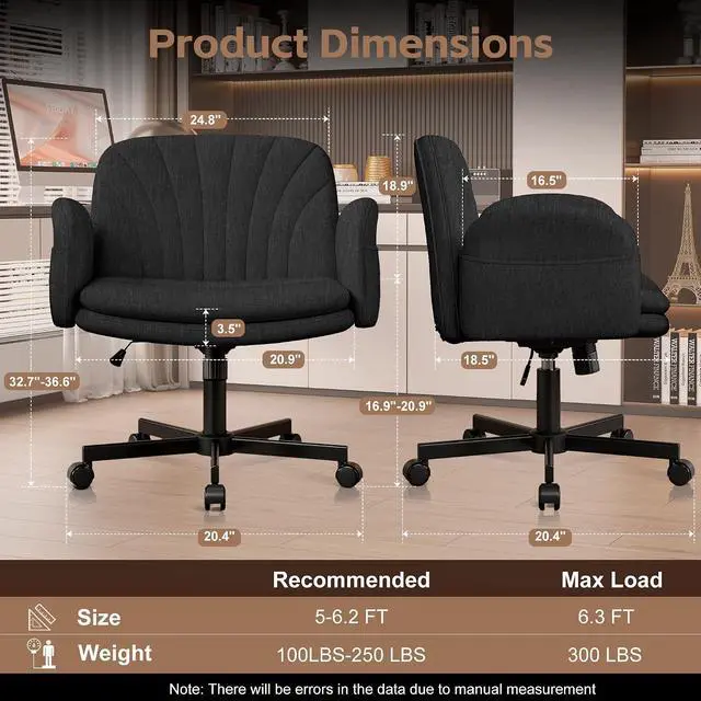 Alt view image 2 of 7 - Criss Cross Office Chair with Wheels & Armrests, Height Adjustable Vanity Chair, Makeup Chairs with Side Pockets Design, Comfortable Computer Desk Chairs for Home (Linen Fabric,Black)