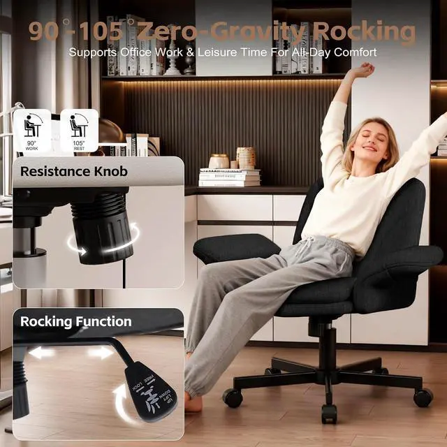 Alt view image 5 of 7 - Criss Cross Office Chair with Wheels & Armrests, Height Adjustable Vanity Chair, Makeup Chairs with Side Pockets Design, Comfortable Computer Desk Chairs for Home (Linen Fabric,Black)