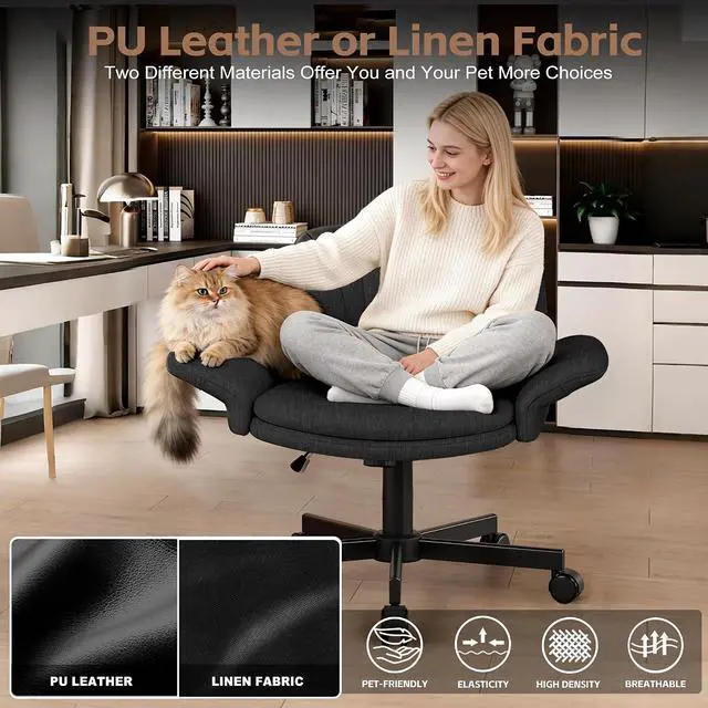 Alt view image 6 of 7 - Criss Cross Office Chair with Wheels & Armrests, Height Adjustable Vanity Chair, Makeup Chairs with Side Pockets Design, Comfortable Computer Desk Chairs for Home (Linen Fabric,Black)