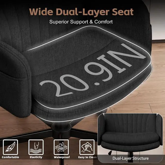 Alt view image 3 of 7 - Criss Cross Office Chair with Wheels & Armrests, Height Adjustable Vanity Chair, Makeup Chairs with Side Pockets Design, Comfortable Computer Desk Chairs for Home (Linen Fabric,Black)