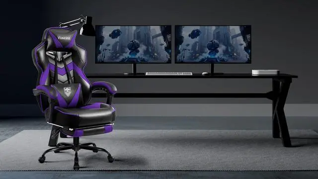 Alt view image 2 of 7 - Gaming Chair, High Back Gaming Chair with Footrest and Massage, Gaming Chairs for Adults with Pocket Spring Cushion, Big and Tall Reclining Computer Chair with Lumbar Support (Purple/Black)