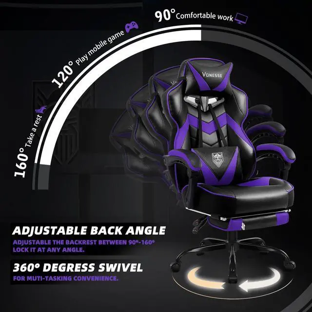 Alt view image 6 of 7 - Gaming Chair, High Back Gaming Chair with Footrest and Massage, Gaming Chairs for Adults with Pocket Spring Cushion, Big and Tall Reclining Computer Chair with Lumbar Support (Purple/Black)