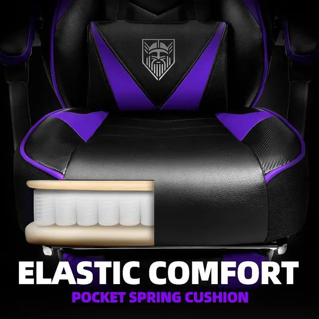 Alt view image 5 of 7 - Gaming Chair, High Back Gaming Chair with Footrest and Massage, Gaming Chairs for Adults with Pocket Spring Cushion, Big and Tall Reclining Computer Chair with Lumbar Support (Purple/Black)
