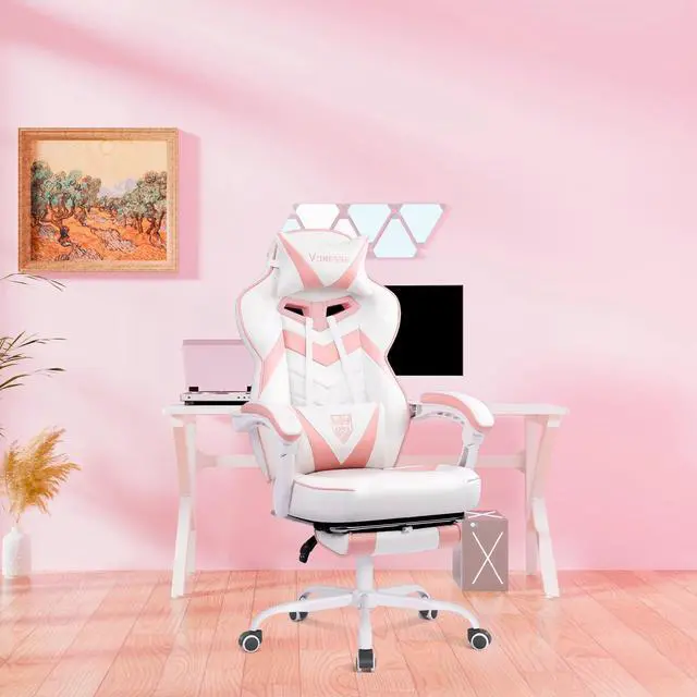Alt view image 2 of 7 - Gaming Chair, High Back Pink Gaming Chair with Footrest and Massage, Gaming Chairs for Adults with Pocket Spring Cushion, Big and Tall Reclining Computer Chair with Lumbar Support (White/Pink)