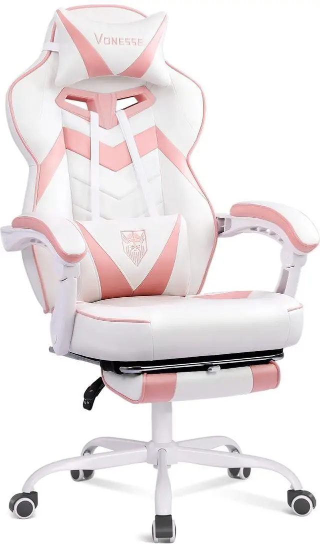 Main image of Gaming Chair, High Back Pink Gaming Chair with Footrest and Massage, Gaming Chairs for Adults with Pocket Spring Cushion, Big and Tall Reclining Computer Chair with Lumbar Support (White/Pink)