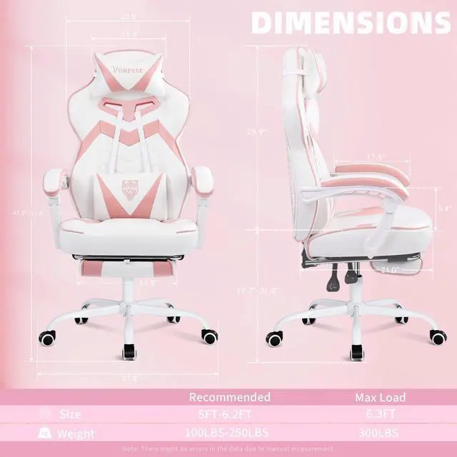 Alt view image 3 of 7 - Gaming Chair, High Back Pink Gaming Chair with Footrest and Massage, Gaming Chairs for Adults with Pocket Spring Cushion, Big and Tall Reclining Computer Chair with Lumbar Support (White/Pink)