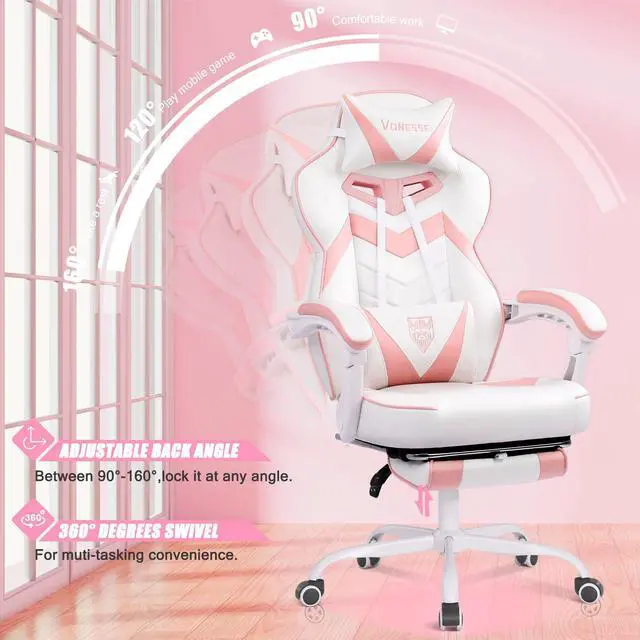 Alt view image 6 of 7 - Gaming Chair, High Back Pink Gaming Chair with Footrest and Massage, Gaming Chairs for Adults with Pocket Spring Cushion, Big and Tall Reclining Computer Chair with Lumbar Support (White/Pink)
