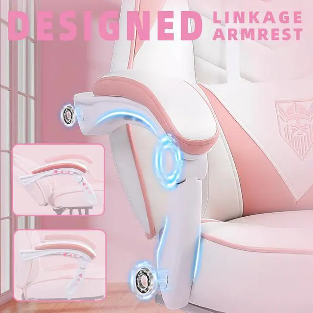 Alt view image 7 of 7 - Gaming Chair, High Back Pink Gaming Chair with Footrest and Massage, Gaming Chairs for Adults with Pocket Spring Cushion, Big and Tall Reclining Computer Chair with Lumbar Support (White/Pink)