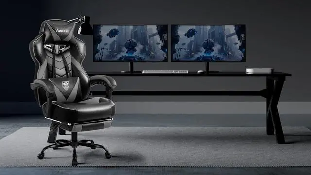 Alt view image 2 of 7 - Gaming Chair, High Back Gaming Chair with Footrest and Massage, Gaming Chairs for Adults with Pocket Spring Cushion, Big and Tall Reclining Computer Chair with Lumbar Support (Grey/Black)