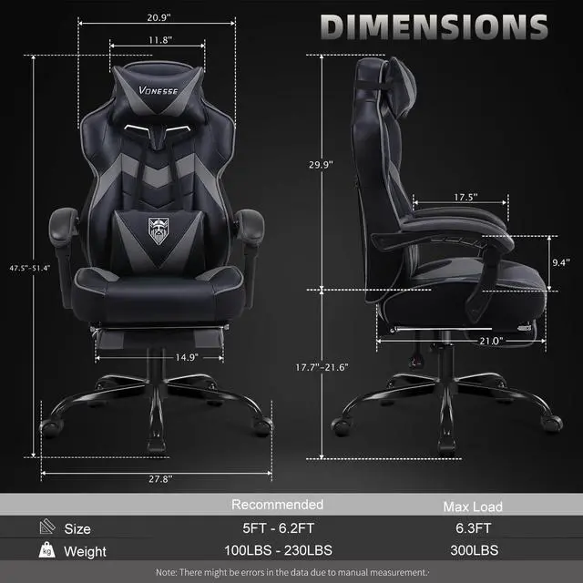 Alt view image 3 of 7 - Gaming Chair, High Back Gaming Chair with Footrest and Massage, Gaming Chairs for Adults with Pocket Spring Cushion, Big and Tall Reclining Computer Chair with Lumbar Support (Grey/Black)