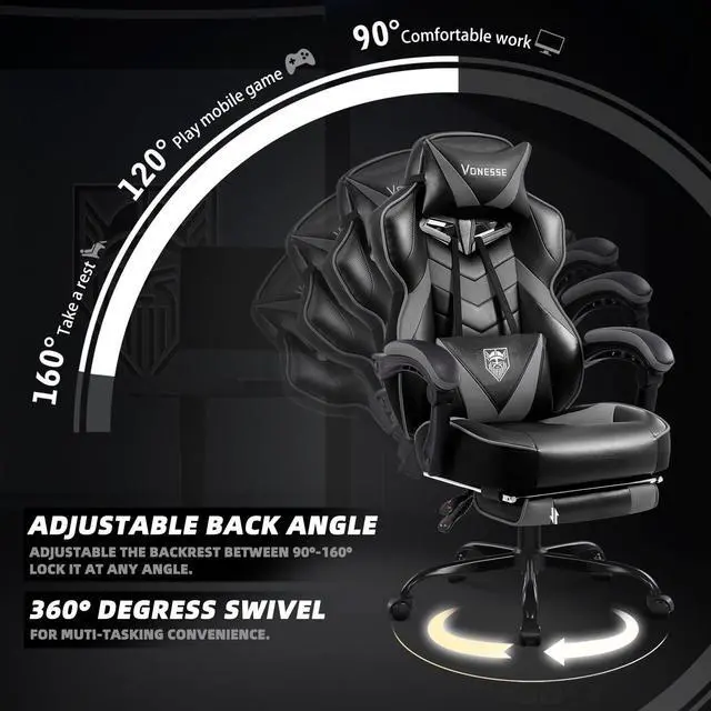 Alt view image 6 of 7 - Gaming Chair, High Back Gaming Chair with Footrest and Massage, Gaming Chairs for Adults with Pocket Spring Cushion, Big and Tall Reclining Computer Chair with Lumbar Support (Grey/Black)