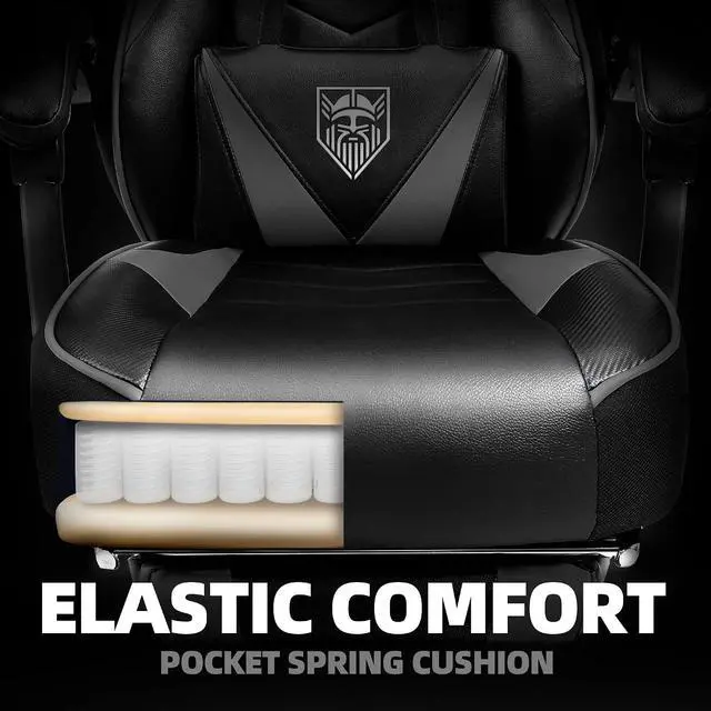 Alt view image 5 of 7 - Gaming Chair, High Back Gaming Chair with Footrest and Massage, Gaming Chairs for Adults with Pocket Spring Cushion, Big and Tall Reclining Computer Chair with Lumbar Support (Grey/Black)