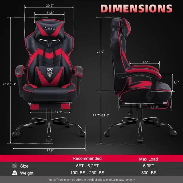 Alt view image 3 of 7 - Gaming Chair, High Back Gaming Chair with Footrest and Massage, Gaming Chairs for Adults with Pocket Spring Cushion, Big and Tall Reclining Computer Chair with Lumbar Support (Red/Black)