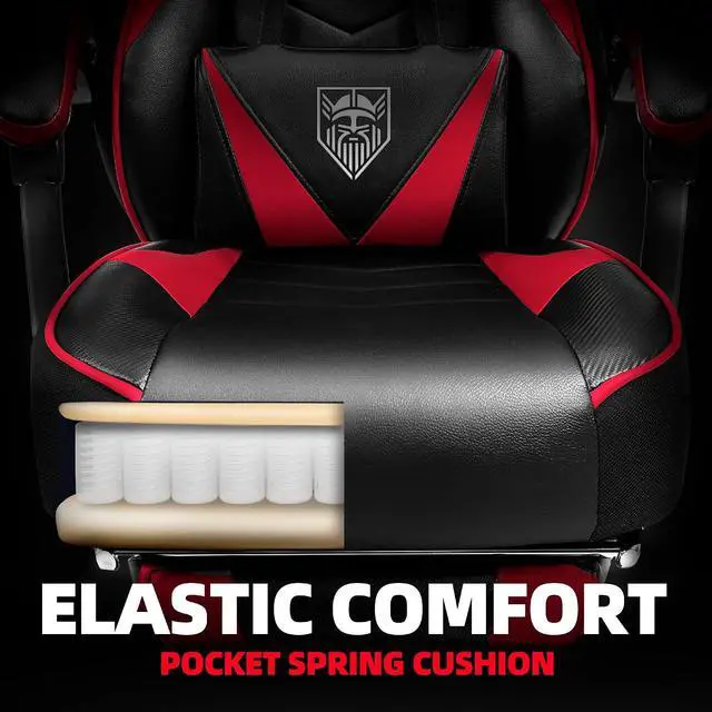 Alt view image 5 of 7 - Gaming Chair, High Back Gaming Chair with Footrest and Massage, Gaming Chairs for Adults with Pocket Spring Cushion, Big and Tall Reclining Computer Chair with Lumbar Support (Red/Black)