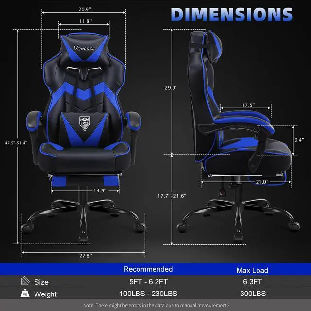 Alt view image 3 of 7 - Gaming Chair, High Back Gaming Chair with Footrest and Massage, Gaming Chairs for Adults with Pocket Spring Cushion, Big and Tall Reclining Computer Chair with Lumbar Support (Blue/Black)