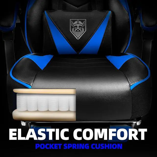 Alt view image 5 of 7 - Gaming Chair, High Back Gaming Chair with Footrest and Massage, Gaming Chairs for Adults with Pocket Spring Cushion, Big and Tall Reclining Computer Chair with Lumbar Support (Blue/Black)