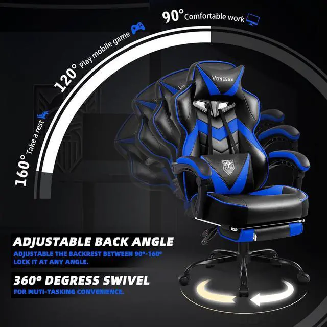 Alt view image 6 of 7 - Gaming Chair, High Back Gaming Chair with Footrest and Massage, Gaming Chairs for Adults with Pocket Spring Cushion, Big and Tall Reclining Computer Chair with Lumbar Support (Blue/Black)