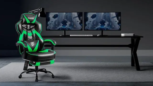 Alt view image 2 of 7 - Gaming Chair, High Back Gaming Chair with Footrest and Massage, Gaming Chairs for Adults with Pocket Spring Cushion, Big and Tall Reclining Computer Chair with Lumbar Support (Green/Black)