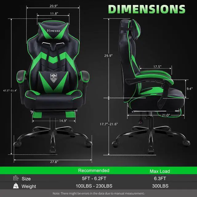 Alt view image 3 of 7 - Gaming Chair, High Back Gaming Chair with Footrest and Massage, Gaming Chairs for Adults with Pocket Spring Cushion, Big and Tall Reclining Computer Chair with Lumbar Support (Green/Black)