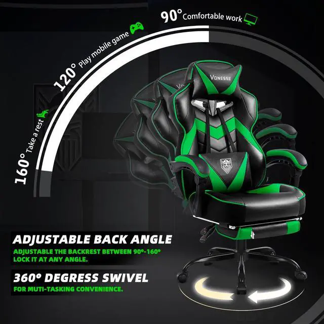 Alt view image 6 of 7 - Gaming Chair, High Back Gaming Chair with Footrest and Massage, Gaming Chairs for Adults with Pocket Spring Cushion, Big and Tall Reclining Computer Chair with Lumbar Support (Green/Black)