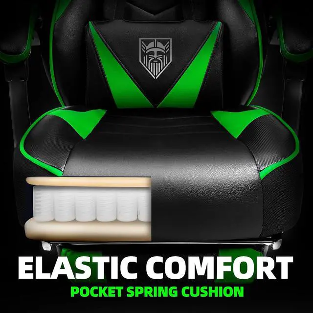 Alt view image 5 of 7 - Gaming Chair, High Back Gaming Chair with Footrest and Massage, Gaming Chairs for Adults with Pocket Spring Cushion, Big and Tall Reclining Computer Chair with Lumbar Support (Green/Black)