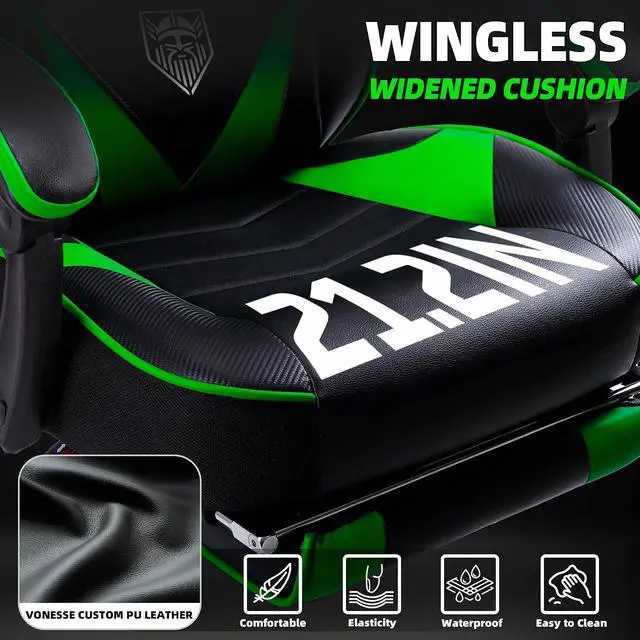 Alt view image 4 of 7 - Gaming Chair, High Back Gaming Chair with Footrest and Massage, Gaming Chairs for Adults with Pocket Spring Cushion, Big and Tall Reclining Computer Chair with Lumbar Support (Green/Black)