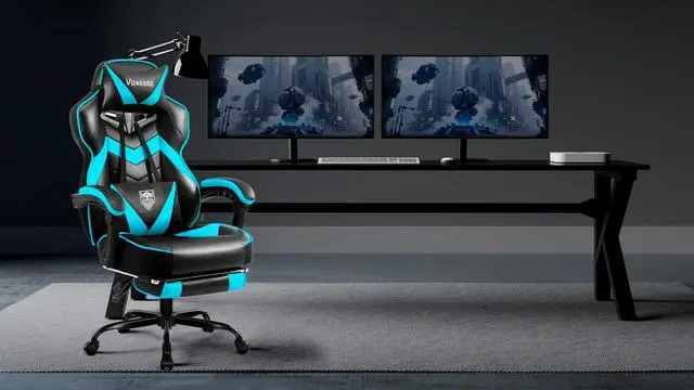 Alt view image 2 of 7 - Gaming Chair, High Back Gaming Chair with Footrest and Massage, Gaming Chairs for Adults with Pocket Spring Cushion, Big and Tall Reclining Computer Chair with Lumbar Support (Cyan/Black)