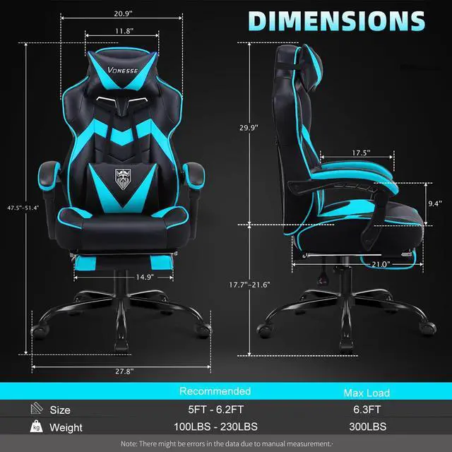 Alt view image 3 of 7 - Gaming Chair, High Back Gaming Chair with Footrest and Massage, Gaming Chairs for Adults with Pocket Spring Cushion, Big and Tall Reclining Computer Chair with Lumbar Support (Cyan/Black)