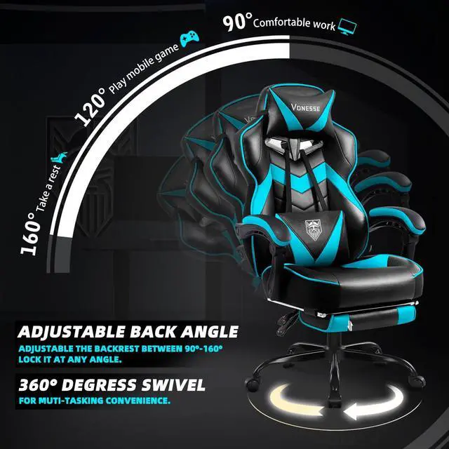 Alt view image 6 of 7 - Gaming Chair, High Back Gaming Chair with Footrest and Massage, Gaming Chairs for Adults with Pocket Spring Cushion, Big and Tall Reclining Computer Chair with Lumbar Support (Cyan/Black)