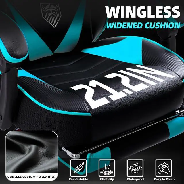 Alt view image 4 of 7 - Gaming Chair, High Back Gaming Chair with Footrest and Massage, Gaming Chairs for Adults with Pocket Spring Cushion, Big and Tall Reclining Computer Chair with Lumbar Support (Cyan/Black)