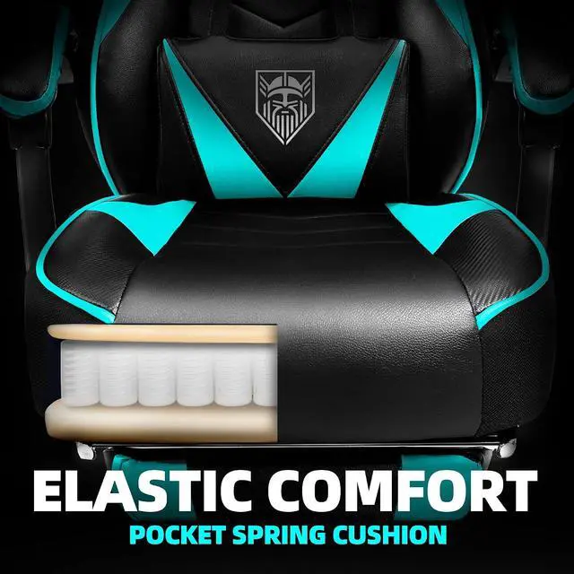 Alt view image 5 of 7 - Gaming Chair, High Back Gaming Chair with Footrest and Massage, Gaming Chairs for Adults with Pocket Spring Cushion, Big and Tall Reclining Computer Chair with Lumbar Support (Cyan/Black)
