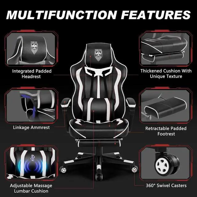 Alt view image 6 of 7 - Gaming Chair with Footrest,Reclining Computer Gaming Chair for Adults,Big and Tall Gamer Chair with Massage,Ergonomic High Back (White/Black)