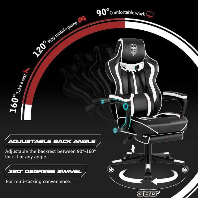 Alt view image 7 of 7 - Gaming Chair with Footrest,Reclining Computer Gaming Chair for Adults,Big and Tall Gamer Chair with Massage,Ergonomic High Back (White/Black)