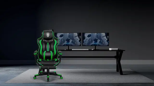 Alt view image 2 of 7 - Gaming Chair with Footrest, Big and Tall Gamer Chair with Massage, Reclining Computer Gaming Chair for Adults, Ergonomic Game Chair for Teens, High Back Video Game Chairs(Green/Black)