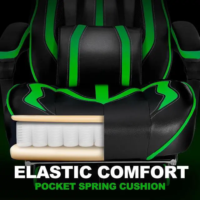 Alt view image 4 of 7 - Gaming Chair with Footrest, Big and Tall Gamer Chair with Massage, Reclining Computer Gaming Chair for Adults, Ergonomic Game Chair for Teens, High Back Video Game Chairs(Green/Black)