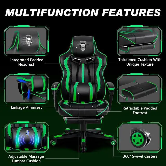 Alt view image 6 of 7 - Gaming Chair with Footrest, Big and Tall Gamer Chair with Massage, Reclining Computer Gaming Chair for Adults, Ergonomic Game Chair for Teens, High Back Video Game Chairs(Green/Black)