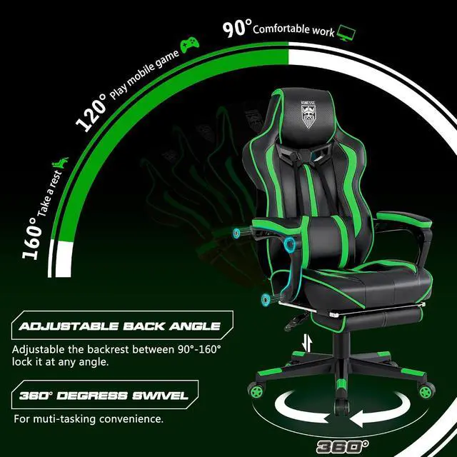 Alt view image 7 of 7 - Gaming Chair with Footrest, Big and Tall Gamer Chair with Massage, Reclining Computer Gaming Chair for Adults, Ergonomic Game Chair for Teens, High Back Video Game Chairs(Green/Black)