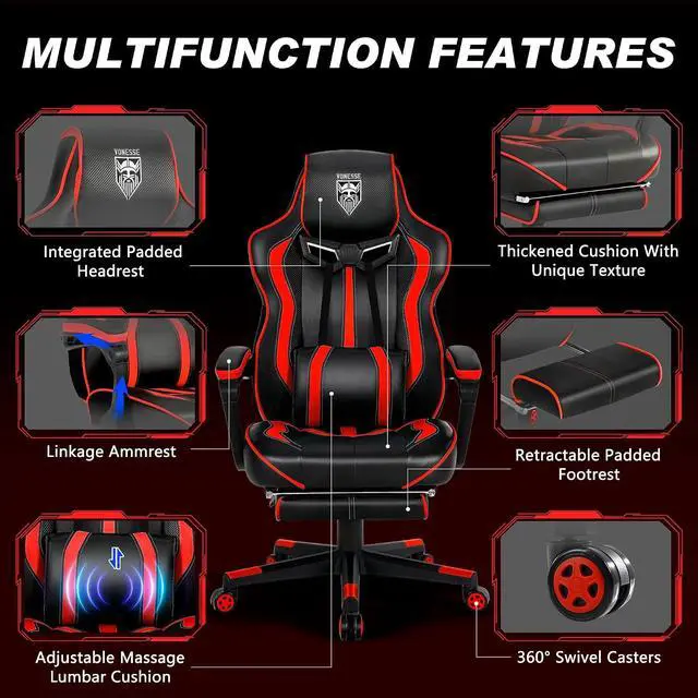 Alt view image 6 of 7 - Gaming Chair for Adults, Reclining Gaming Chairs with Footrest and Massage, Computer Gaming Chair for Heavy People,Ergonomic Gamer Chair Big and Tall (Red/Black)