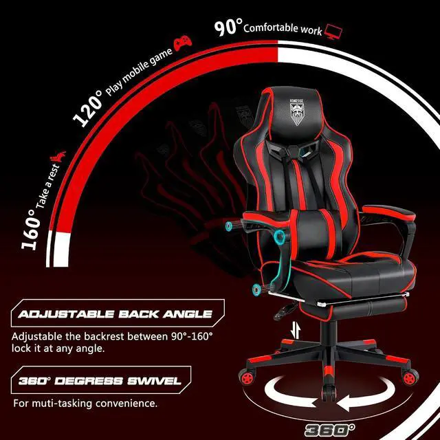 Alt view image 7 of 7 - Gaming Chair for Adults, Reclining Gaming Chairs with Footrest and Massage, Computer Gaming Chair for Heavy People,Ergonomic Gamer Chair Big and Tall (Red/Black)