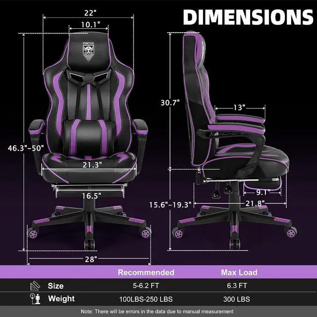 Alt view image 3 of 7 - Purple Gaming Chair with Footrest, Reclining Computer Gaming Chairs for Adults, Ergonomic Gamer Chair with Massage, Big and Tall PC Game Chair(Purple/Black)
