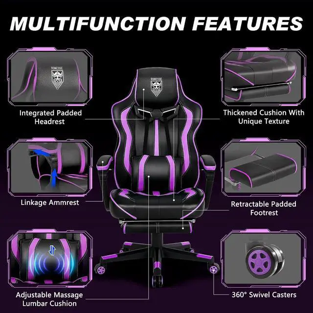 Alt view image 6 of 7 - Purple Gaming Chair with Footrest, Reclining Computer Gaming Chairs for Adults, Ergonomic Gamer Chair with Massage, Big and Tall PC Game Chair(Purple/Black)
