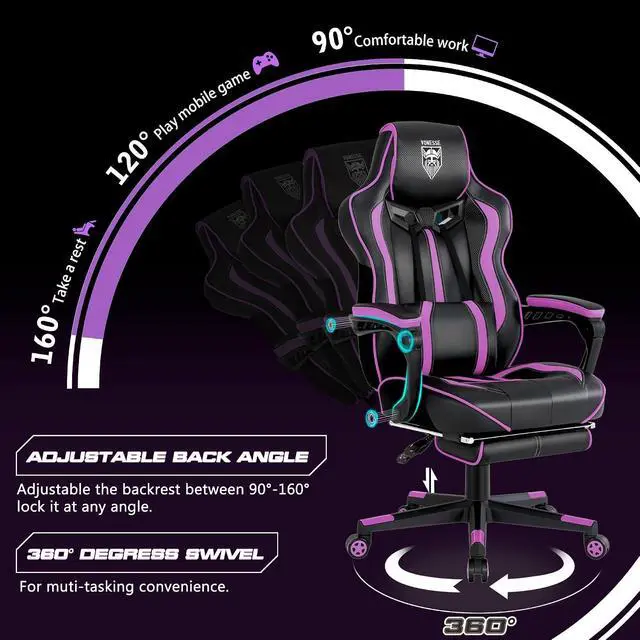 Alt view image 7 of 7 - Purple Gaming Chair with Footrest, Reclining Computer Gaming Chairs for Adults, Ergonomic Gamer Chair with Massage, Big and Tall PC Game Chair(Purple/Black)