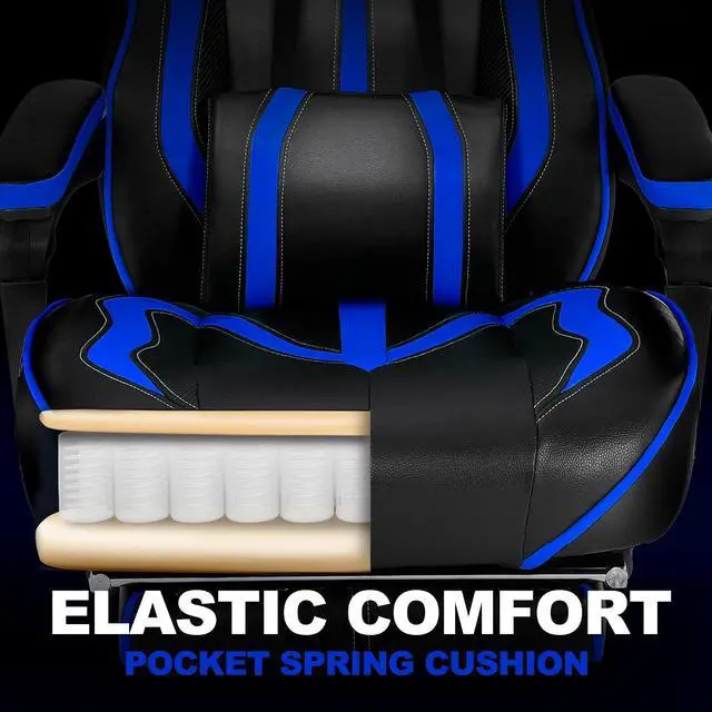 Alt view image 4 of 7 - Gaming Chairs for Adults, Gamer Chair with Footrest and Massage, Reclining Big and Tall Ergonomic Gaming Chair, Computer Chairs for Heavy People 300LBS (Blue/Black)