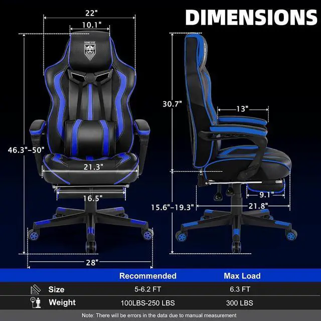 Alt view image 3 of 7 - Gaming Chairs for Adults, Gamer Chair with Footrest and Massage, Reclining Big and Tall Ergonomic Gaming Chair, Computer Chairs for Heavy People 300LBS (Blue/Black)