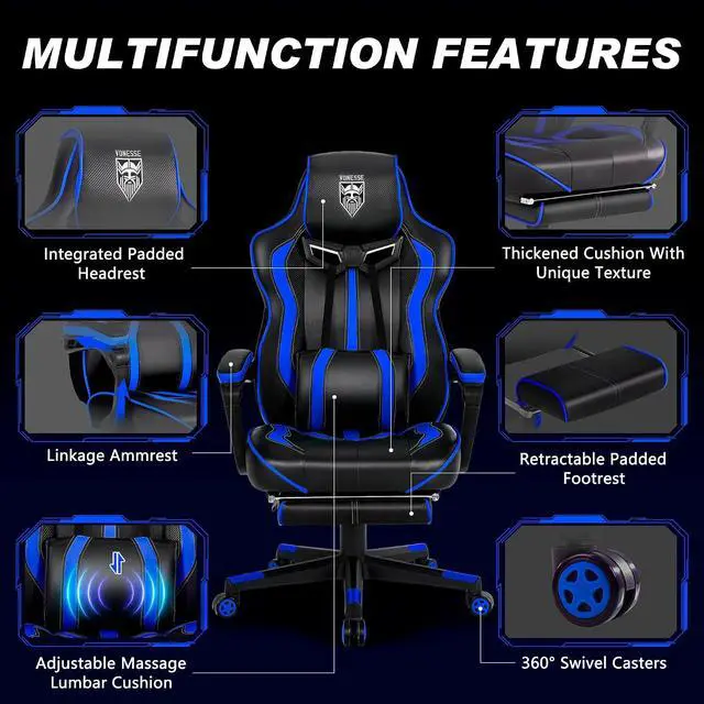 Alt view image 6 of 7 - Gaming Chairs for Adults, Gamer Chair with Footrest and Massage, Reclining Big and Tall Ergonomic Gaming Chair, Computer Chairs for Heavy People 300LBS (Blue/Black)