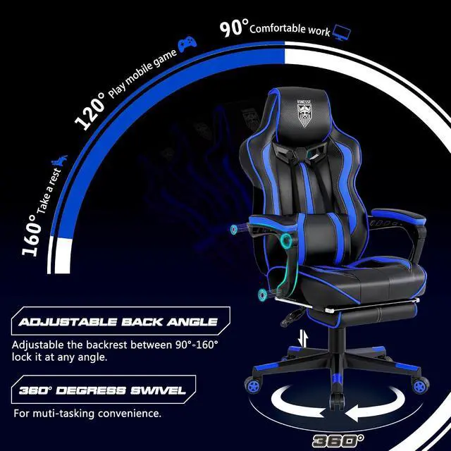 Alt view image 7 of 7 - Gaming Chairs for Adults, Gamer Chair with Footrest and Massage, Reclining Big and Tall Ergonomic Gaming Chair, Computer Chairs for Heavy People 300LBS (Blue/Black)